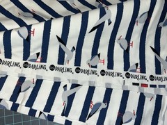 1 Meter Little Darling Knit Jersey Fabric Blue White Stripe Seagulls Yard Cute