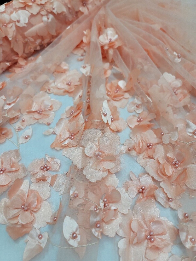3D Floral Peach Beaded Lace Fabric by the Yard – Mesh Lace with Embroidered Flow