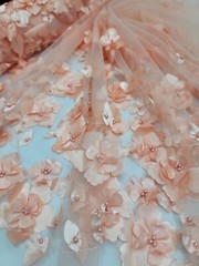 3D Floral Peach Beaded Lace Fabric by the Yard – Mesh Lace with Embroidered Flow