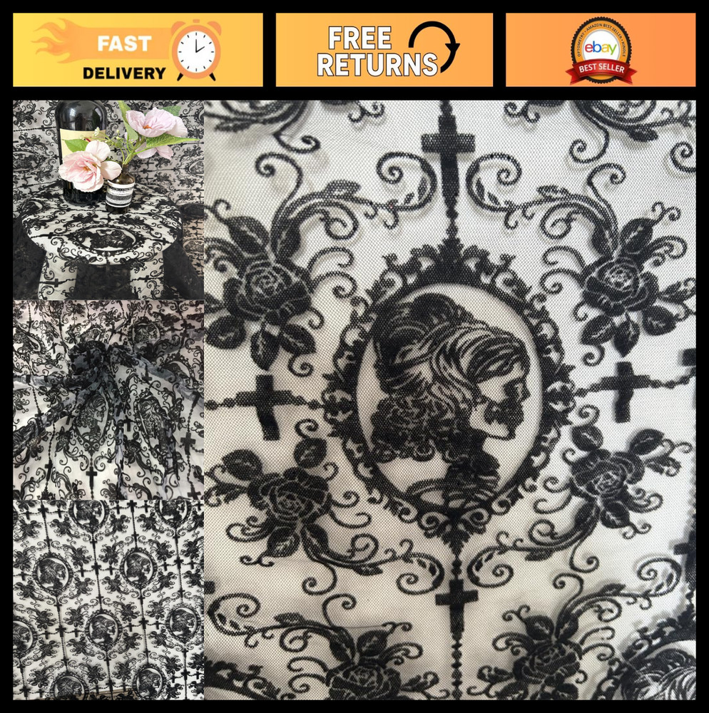 55″ Soft Black Skull Lace Fabric – Floral Tulle for DIY Dress, Party Decor, Curt