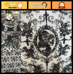 55″ Soft Black Skull Lace Fabric – Floral Tulle for DIY Dress, Party Decor, Curt