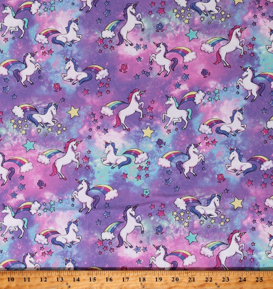 Cotton Unicorns Rainbows Belle & Blue Purple Fabric Print by the Yard D678.07