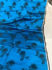 Vtg.silk fabric/material Peacock blue with Black Foral design, made in Hong Kong