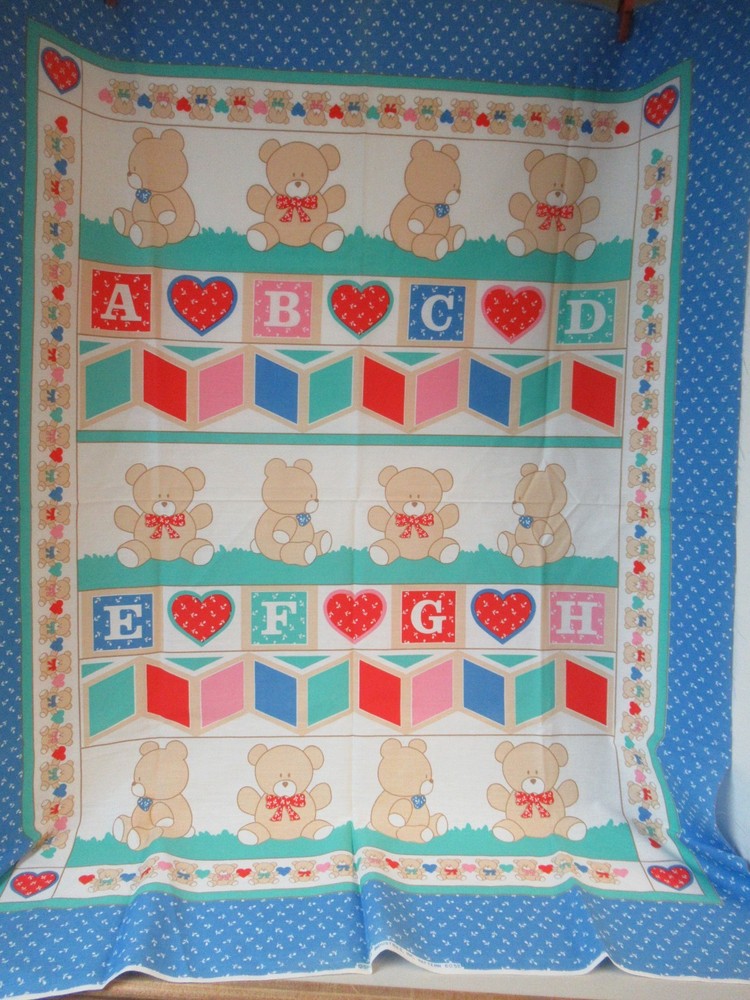 SPRINGS INDUSTIES Baby Blanket Fabric Panel Teddy Bear Alphabet 44”x35” VTG NEW