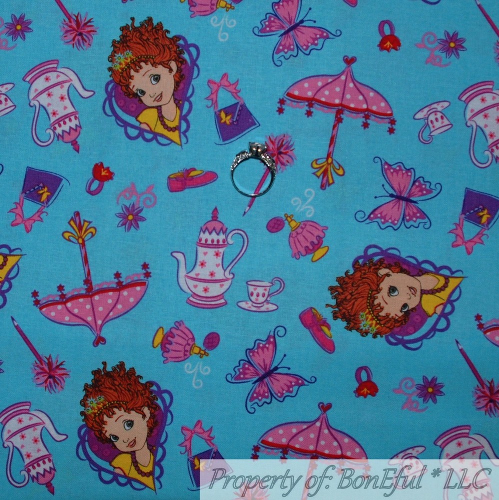 BonEful Fabric FQ Cotton Quilt Aqua Blue Fancy Nancy Girl Umbrella Tea*Cup Party