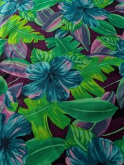 VTG Fabric Tahitian Floral Blue Green Purple Hibiscus 144×43 Tropical