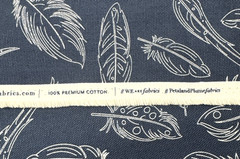 Panache White Feathers Navy Blue Cotton Canvas Fabric BTY #41