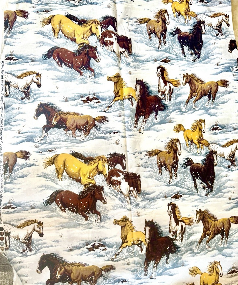 Horses In The Snow, Snowy Canyon. Grey. Brown. Tan.White Cotton Fabric Per Yard