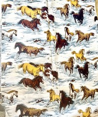Horses In The Snow, Snowy Canyon. Grey. Brown. Tan.White Cotton Fabric Per Yard