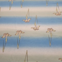 Vtg Polyester Knit Fabric Yellow Iris Floral Print Blue Stripe Sewing Material