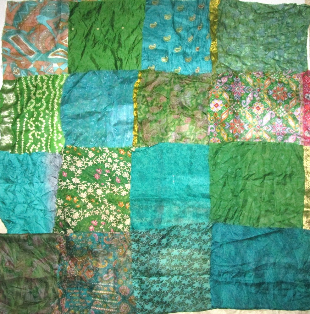 LOT PURE SILK Antique Vintage Sari Fabrics REMNANT 20 pcs 5 inch SQUARES green