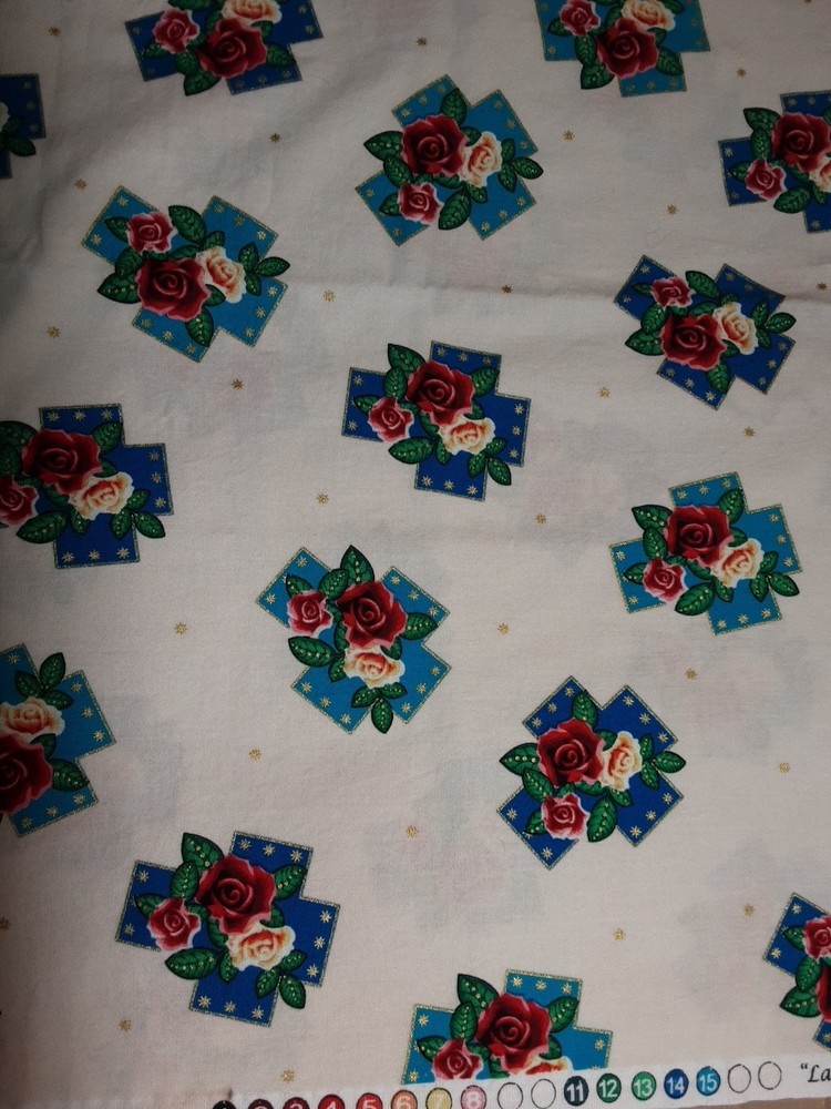 “Lady Of Guadalupe” Fabric 1 Yd Decorative Blue Crosses White Background