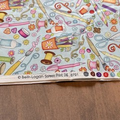 Beth Logan Blue Sewing Craft Art Sewing Theme Screen Print Fabric 43″ x 46″ NOS