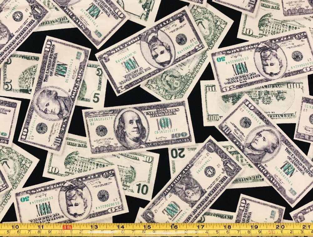 Tina Scrap 9″x21″ American Money Currency $100 5 10 Funny Fabric COTTON