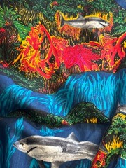 Fabric – Vintage Sharks Swimming in Coral Shamash and Sons Approx 132”L x 44” W