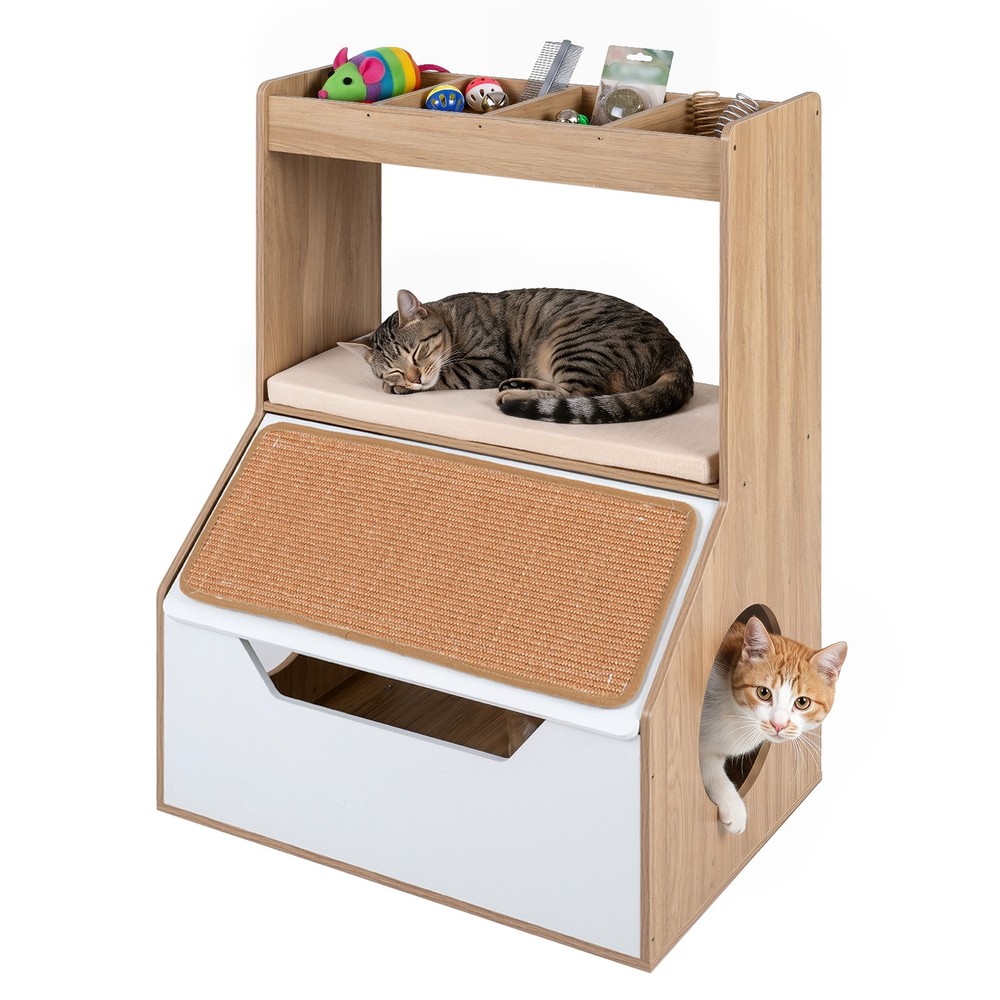Modern Cat Litter Box Enclosure 3-in-1 Hidden Cat House Cabinet w/ 4 Cubbies