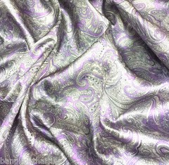Paisley Print NON-STATIC Viscose Satin Feel Material Fabric BTY -Purple Gray