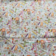 Beth Logan Blue Sewing Craft Art Sewing Theme Screen Print Fabric 43″ x 46″ NOS