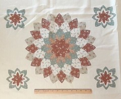 Vtg. Fabric *Cheater Quilt Top 72″L X 61″ W *Tan/Green Floral Medallions
