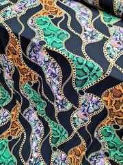 Snake print, Animal print, Jersey Knit Fabric. GREEN ORANGE STRETCH FABRIC Black