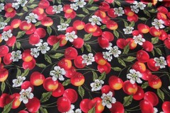 Fabric Cotton 3-1/4 Yds Black with Red Cherries, White Flowers, Green Leaves