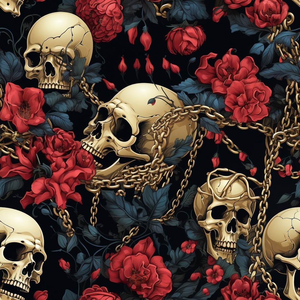 Skulls, red roses, and chains Printed Cotton Fabric By The Yard