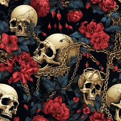 Skulls, red roses, and chains Printed Cotton Fabric By The Yard