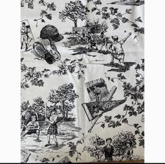 Vintage Baseball Motif Black Cream Toile Decorator Fabric Approx 8 yds x56″