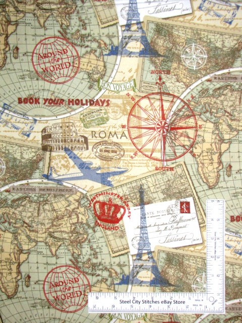 Travel Map Globe Paris Rome Fabric By The Yard Airplane Continents Cotton