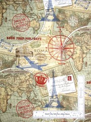 Travel Map Globe Paris Rome Fabric By The Yard Airplane Continents Cotton