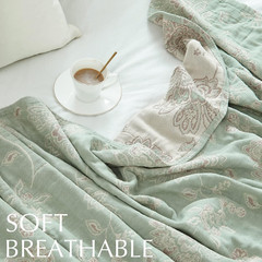 Reversible Boho 100% Cotton Muslin Twin Blanket – Floral Green & Beige 60×80