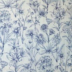 Belle Maison Fabric Floral Botanical Print 39×44 Linen Blend Spain Blue Flowers