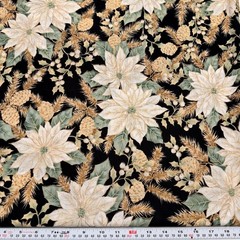 Vintage JoAnn Tis the Season Metallic Gold Black Cotton Fabric by the HALF YARD