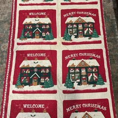 Vtg Christmas Table Cover Block Panel Fabric Craft Decor Brown Pompoms – A