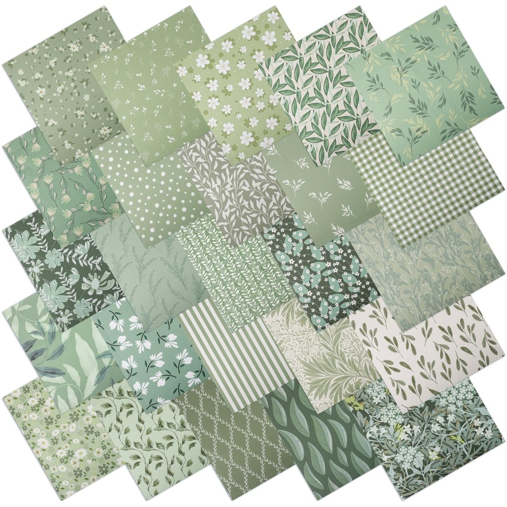 25 Pcs Sage Green Cotton Fabric Squares 10×10″ | Assorted Floral Prints, Quiltin