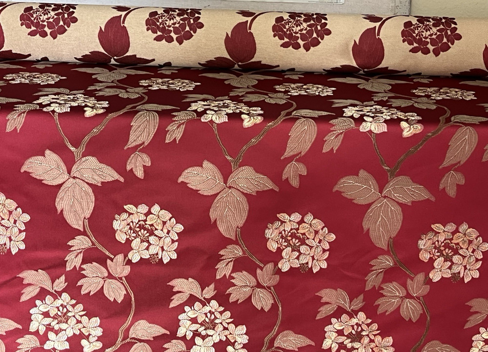 Embossed Embroidered Faux Silk Fabric Gold Red Floral Leaf Motif Design 7.19 y