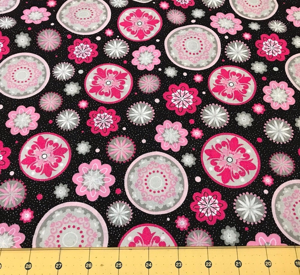 Flowers Pink on Black Glitter 100% cotton fabric sold by the yard #2728
