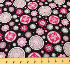 Flowers Pink on Black Glitter 100% cotton fabric sold by the yard #2728
