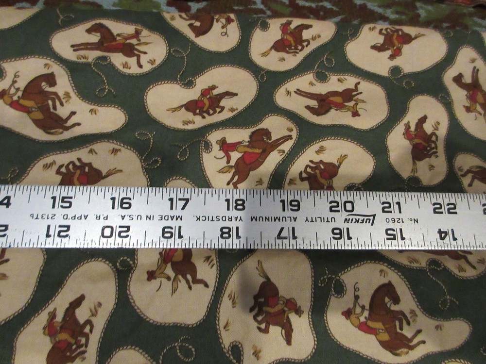 Vintage Western Cowboy Fabric Hunter Green Toile Rodeo Bucking Horse Cotton 1 Yd