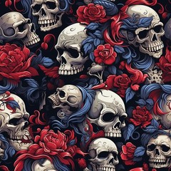 Skulls and red roses Printed Cotton Fabric By The Yard