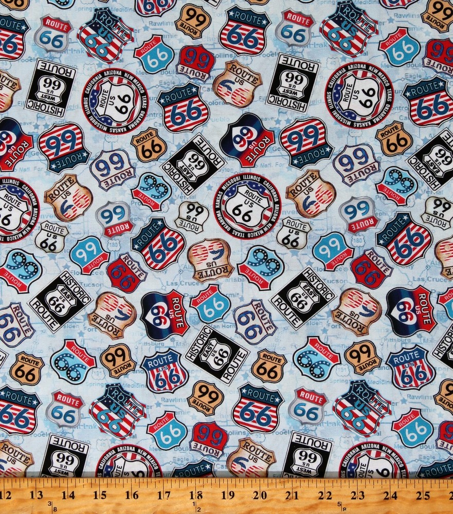 Cotton Route 66 Signs Highways Maps Light Blue Fabric Print by Yard D301.83