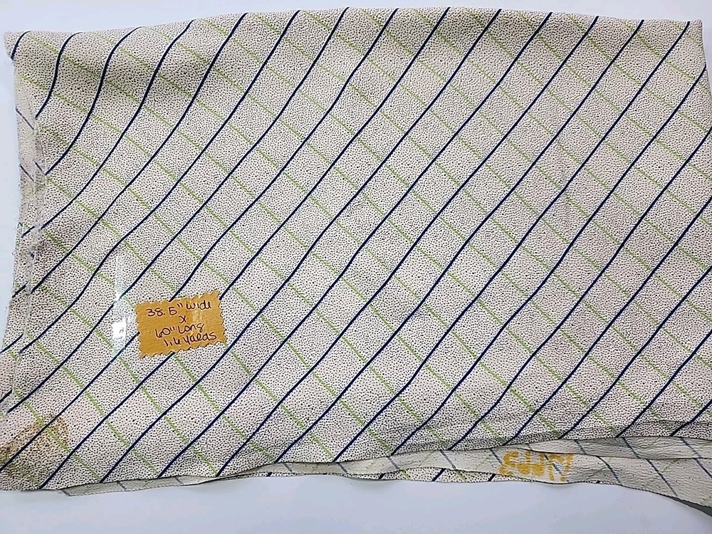 Stamped Beige Windowpane Blue Green Plaid Crepe Flowy Fabric 38.5″w X 60″ 1.6yd