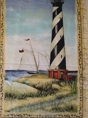 Lighthouse Fabric Panel 23×13 Blue Black & White Nautical Ocean Sea Tall Ships