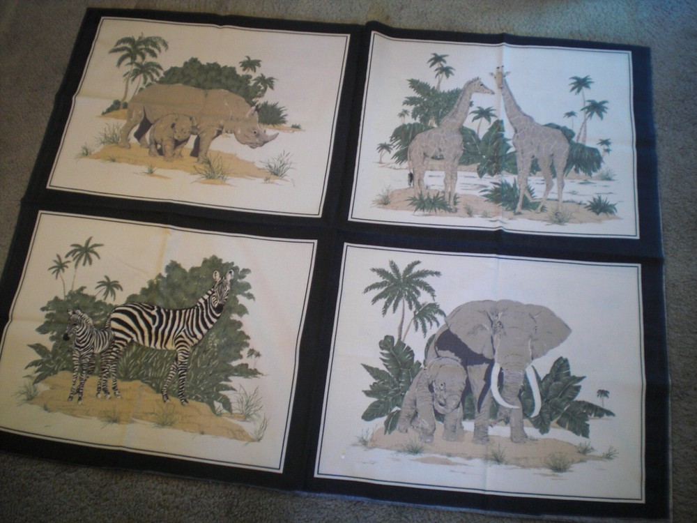 4 African Safari Animals Fabric Quilting Pillow Panels 22 x 17