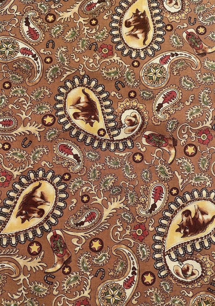 Vtg Cotton Fabric Horses & Cowboys Horseshoe Trail by Sara Khammash Half Yard