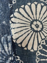 Vintage Japanese Handwoven Katazome Boro Indigo Fabric Chrysanthemum Faded 62″