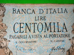 Large Italy bill fabric Banca D’Italia Lire Centomila A. Manzoni green