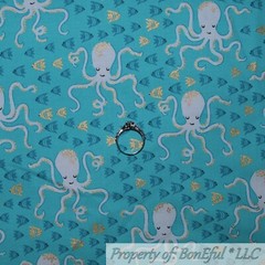 BonEful Fabric FQ Cotton Quilt Aqua White Gold Metallic Fish Ocean Beach Octopus