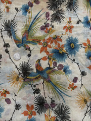 Vintage Asian Whimsical Birds Flowers Pinecones Semi Sheer Fabric 32″ X 64