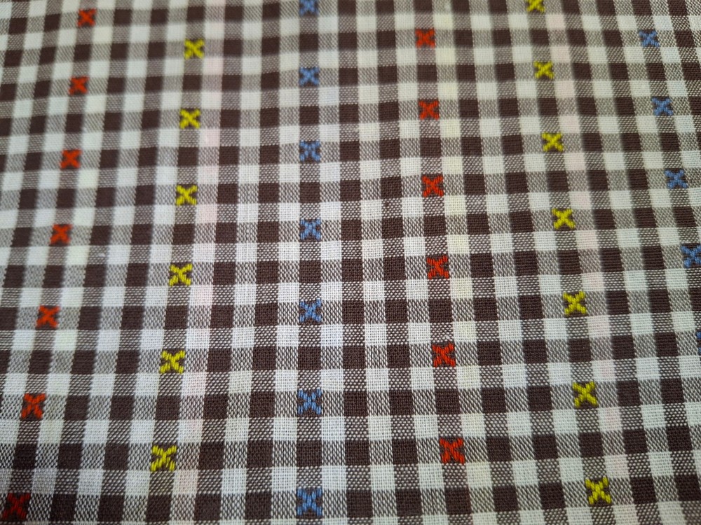 BROWN GINGHAM FABRIC EMBROIDERED X’s 2.5yd x46″ READ